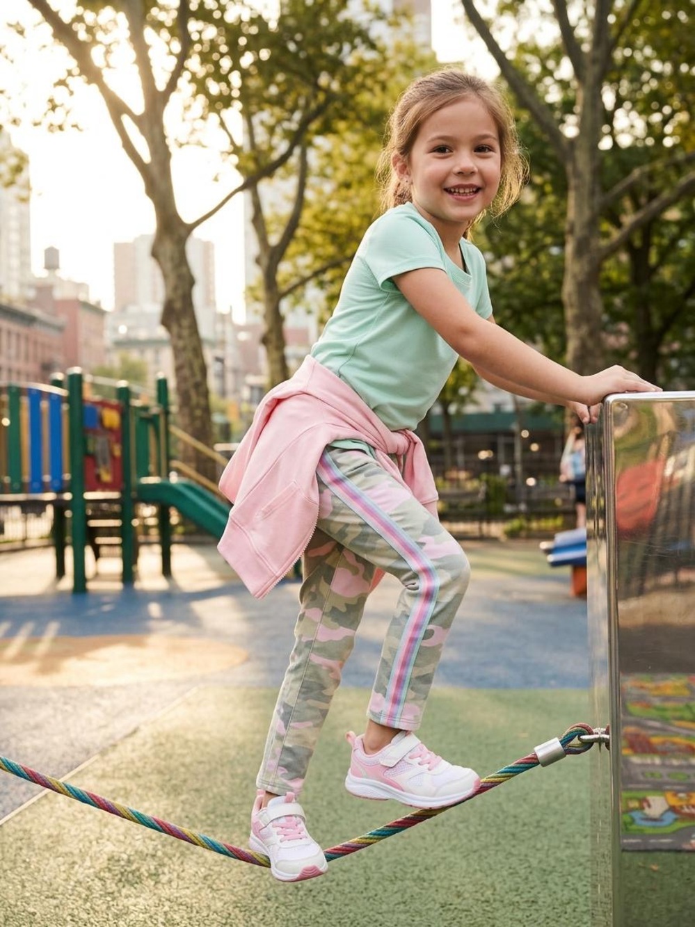 Girls' Pink & Sage Camo Side-Striped Leggings